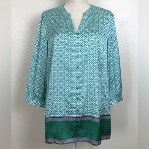 JONES NEW YORK Womens Stretch 3/4 Sleeve Shirt (Green/White/Black)(Size: XL) EUC